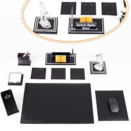 Opta 10 Parça Şahlanan At Biblolu Siyah Deri Sümen Seti Takımı Gümüş Ofis Masa İsimliği Lüks İsimlik