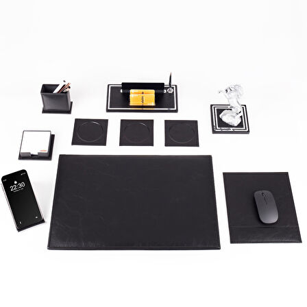 Opta 10 Parça Şahlanan At Biblolu Siyah Deri Sümen Seti Takımı Gümüş Ofis Masa İsimliği Lüks İsimlik