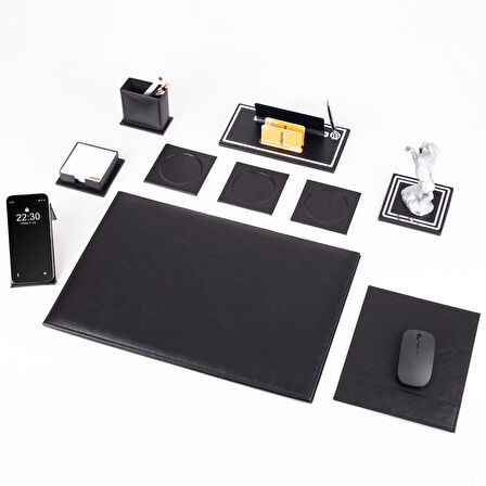 Opta 10 Parça Şahlanan At Biblolu Siyah Deri Sümen Seti Takımı Gümüş Ofis Masa İsimliği Lüks İsimlik