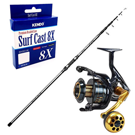 YekOutdoor Surf Oltası Seti Okuma Revenger Tele Surf 420 cm 4 Parça Surf Kamışı&Okuma Salina SA-6000HA Blue 6+1BB Olta Makinesi