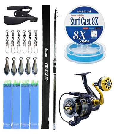 YekOutdoor Profesyonel Olta Seti Okuma Revenger Tele Surf 420 cm 4 Parça Surf Kamışı&Okuma Salina SA-8000A Blue 6+1BB Olta Makinesi
