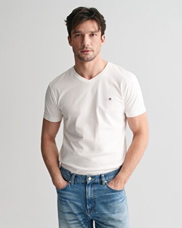 GANT Erkek Beyaz Slim Fit V Yaka T-Shirt