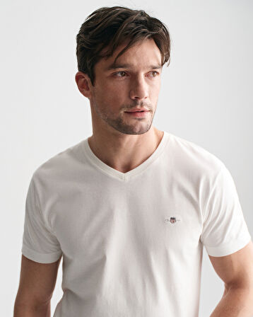 GANT Erkek Beyaz Slim Fit V Yaka T-Shirt