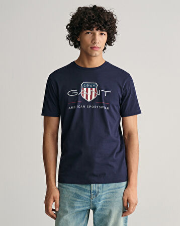 GANT Erkek Lacivert Regular Fit Bisiklet Yaka Logolu T-Shirt