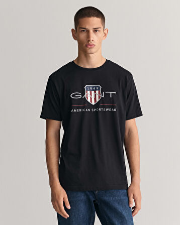 GANT Erkek Siyah Regular Fit Bisiklet Yaka Logolu T-Shirt