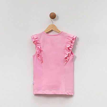 Kız Çocuk Çiçekli Fırfırlı Kısa Kollu %100 Pamuklu T-shirt