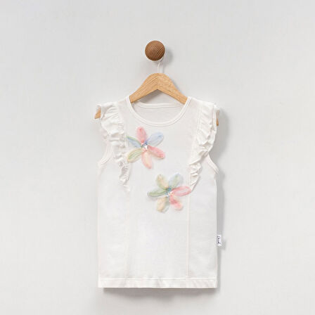 Kız Çocuk Çiçekli Fırfırlı Kısa Kollu %100 Pamuklu T-shirt