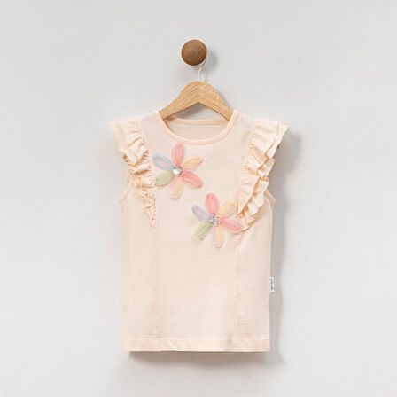 Kız Çocuk Çiçekli Fırfırlı Kısa Kollu %100 Pamuklu T-shirt