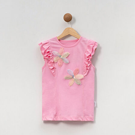 Kız Çocuk Çiçekli Fırfırlı Kısa Kollu %100 Pamuklu T-shirt