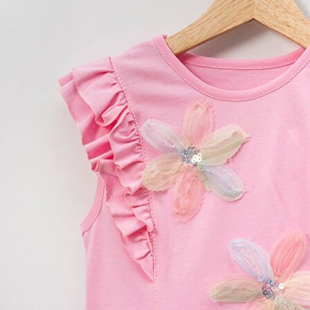 Kız Çocuk Çiçekli Fırfırlı Kısa Kollu %100 Pamuklu T-shirt