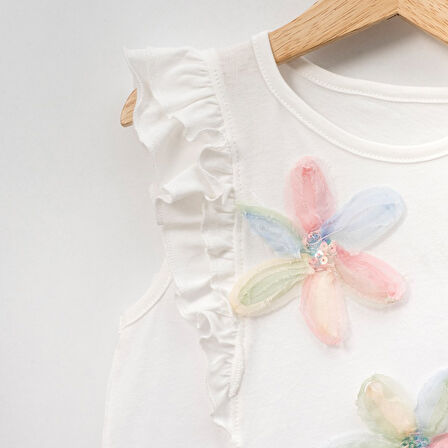 Kız Çocuk Çiçekli Fırfırlı Kısa Kollu %100 Pamuklu T-shirt