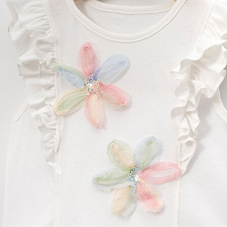 Kız Çocuk Çiçekli Fırfırlı Kısa Kollu %100 Pamuklu T-shirt