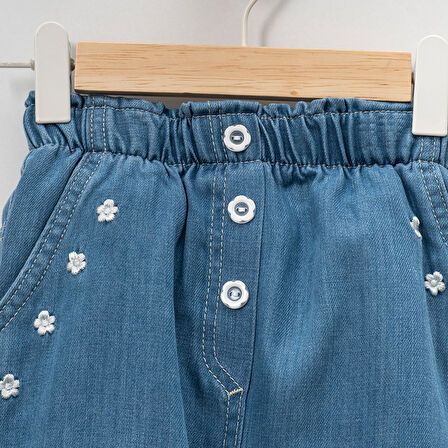 Kız Çocuk Çiçek Nakışlı Rahat Kalıp Yazlık Kot Kumaş  Şort 