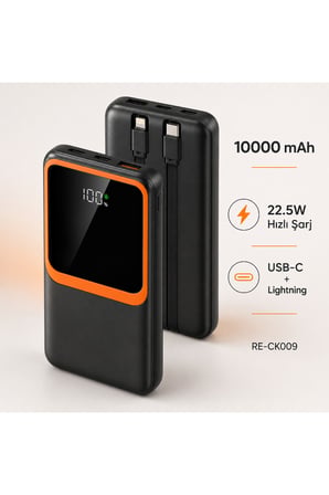 10000 mAh 22.5W Hızlı Şarj Powerbank Dahili Type-C ve Lightning Kablolu Dijital Göstergeli- RE-CK009