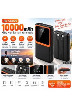 10000 mAh 22.5W Hızlı Şarj Powerbank Dahili Type-C ve Lightning Kablolu Dijital Göstergeli- RE-CK009