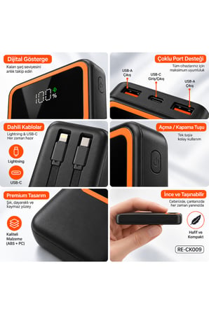 10000 mAh 22.5W Hızlı Şarj Powerbank Dahili Type-C ve Lightning Kablolu Dijital Göstergeli- RE-CK009