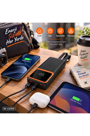 10000 mAh 22.5W Hızlı Şarj Powerbank Dahili Type-C ve Lightning Kablolu Dijital Göstergeli- RE-CK009