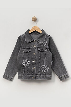Çiçek Detaylı Kız Çocuk Kot Ceket