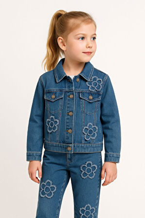 Çiçek Detaylı Kız Çocuk Kot Ceket