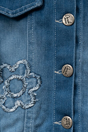 Çiçek Detaylı Kız Çocuk Kot Ceket