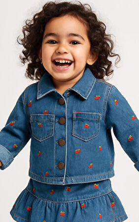 Kız Çocuk Kalp Nakışlı Kot Ceket