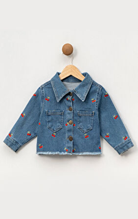 Kız Çocuk Kalp Nakışlı Kot Ceket