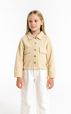 Kız Çocuk Yandan Büzgülü Cepli  Kot ceket