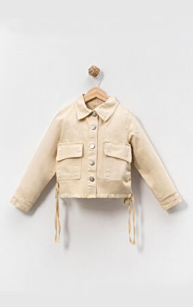 Kız Çocuk Yandan Büzgülü Cepli  Kot ceket