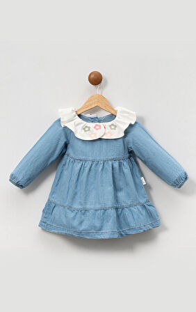 Bebe Yaka Nakışlı Uzun Kollu Kız Çocuk Kot Elbise