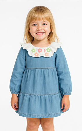 Bebe Yaka Nakışlı Uzun Kollu Kız Çocuk Kot Elbise