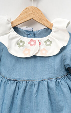 Bebe Yaka Nakışlı Uzun Kollu Kız Çocuk Kot Elbise