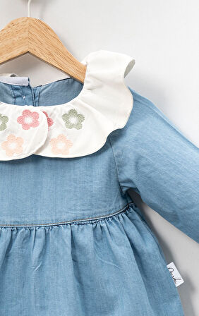 Bebe Yaka Nakışlı Uzun Kollu Kız Çocuk Kot Elbise