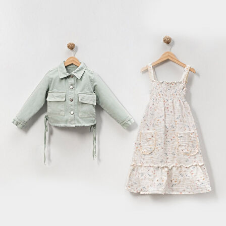 Kız Çocuk Müslin Elbse Kot Ceket İkili Takım