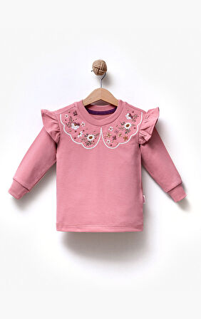 Fırfırlı Yakası Çiçek Nakışlı 2 İplik Uzun Kol Kız Çocuk Sweatshirt