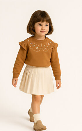 Fırfırlı Yakası Çiçek Nakışlı 2 İplik Uzun Kol Kız Çocuk Sweatshirt