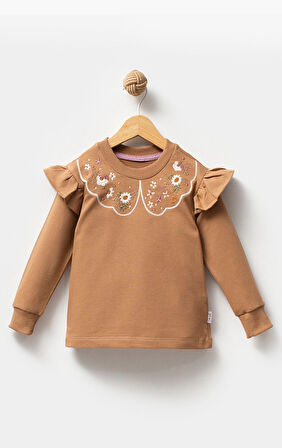 Fırfırlı Yakası Çiçek Nakışlı 2 İplik Uzun Kol Kız Çocuk Sweatshirt