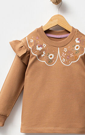 Fırfırlı Yakası Çiçek Nakışlı 2 İplik Uzun Kol Kız Çocuk Sweatshirt