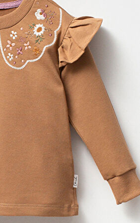 Fırfırlı Yakası Çiçek Nakışlı 2 İplik Uzun Kol Kız Çocuk Sweatshirt