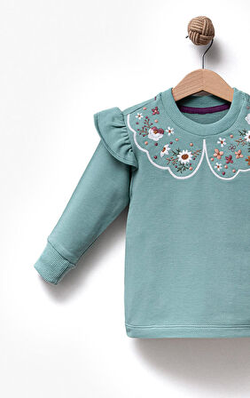 Fırfırlı Yakası Çiçek Nakışlı 2 İplik Uzun Kol Kız Çocuk Sweatshirt