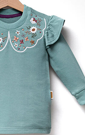 Fırfırlı Yakası Çiçek Nakışlı 2 İplik Uzun Kol Kız Çocuk Sweatshirt
