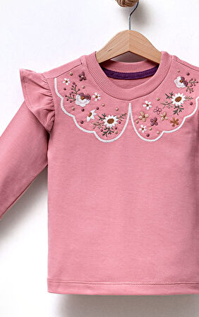 Fırfırlı Yakası Çiçek Nakışlı 2 İplik Uzun Kol Kız Çocuk Sweatshirt