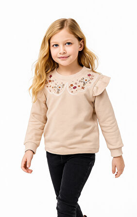Fırfırlı Yakası Çiçek Nakışlı 2 İplik Uzun Kol Kız Çocuk Sweatshirt