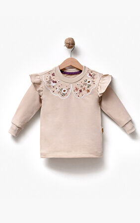 Fırfırlı Yakası Çiçek Nakışlı 2 İplik Uzun Kol Kız Çocuk Sweatshirt