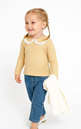 Fitilli Bebe Yaka Pamuklu Uzun Kol Kız Çocuk Sweatshirt