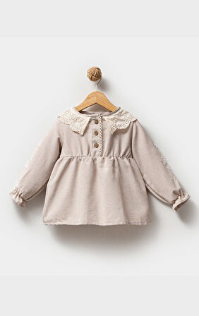 Keten Karışımlı Kız Bebek Uzun Kollu Elbise