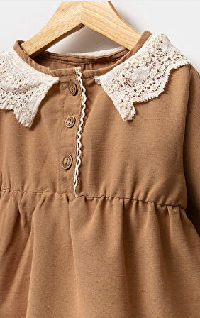 Keten Karışımlı Kız Bebek Uzun Kollu Elbise