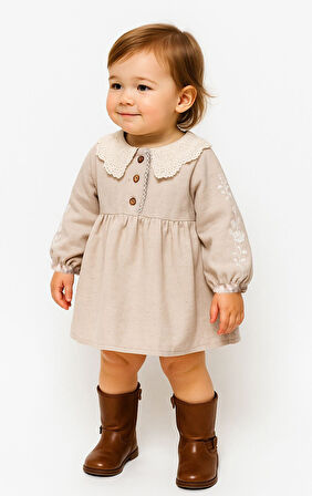 Keten Karışımlı Kız Bebek Uzun Kollu Elbise