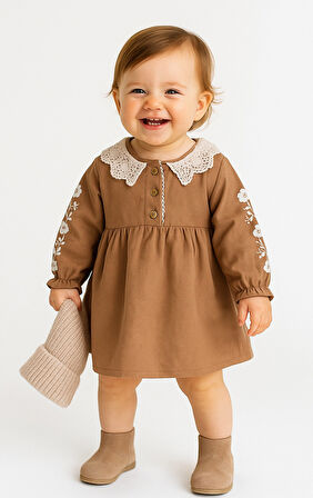 Keten Karışımlı Kız Bebek Uzun Kollu Elbise