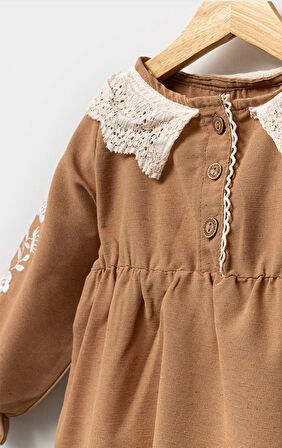 Keten Karışımlı Kız Bebek Uzun Kollu Elbise