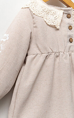 Keten Karışımlı Kız Bebek Uzun Kollu Elbise